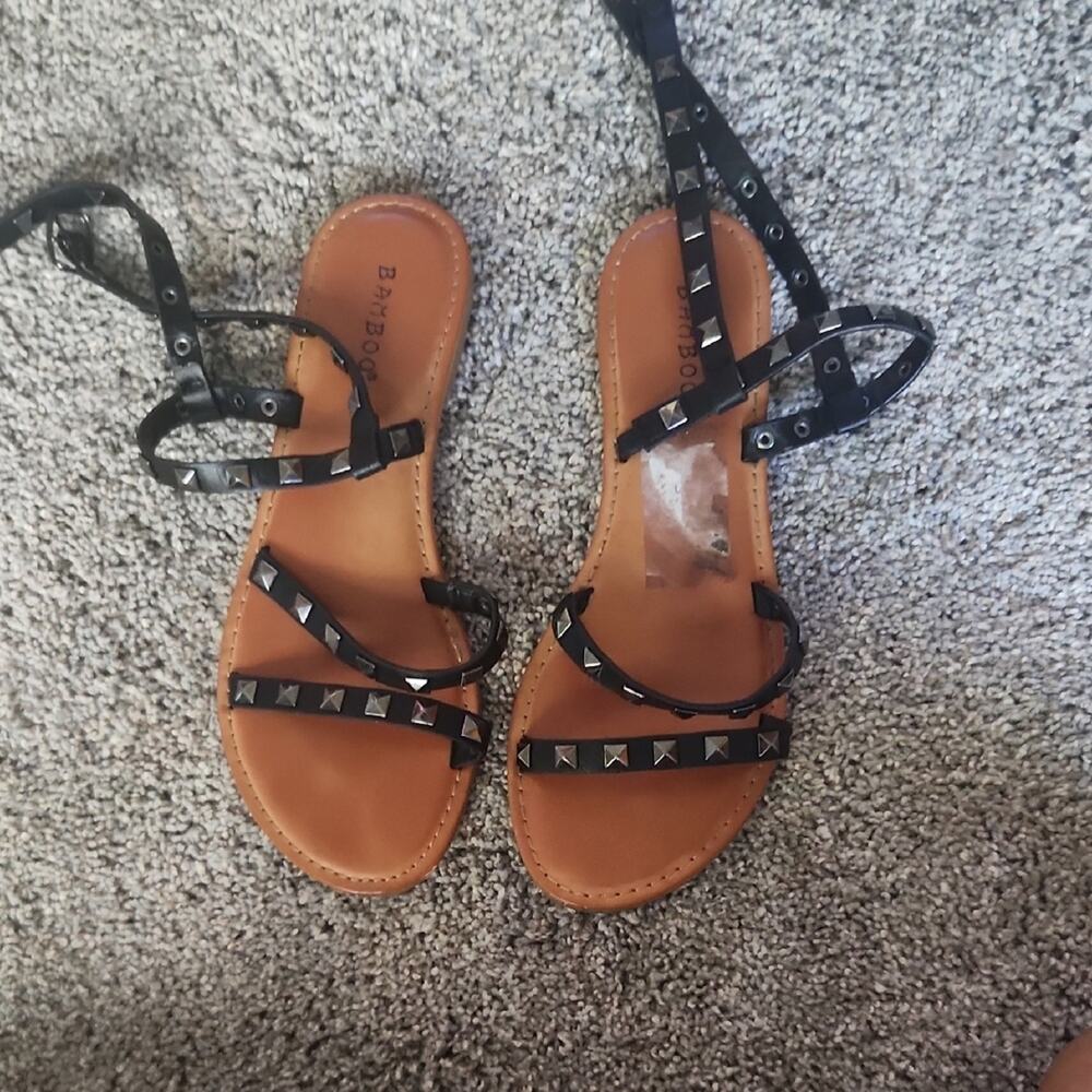 BAMBOO Black Ankle Wrap Flat Sandals W Silver Studded Accents Casual Goth Biker